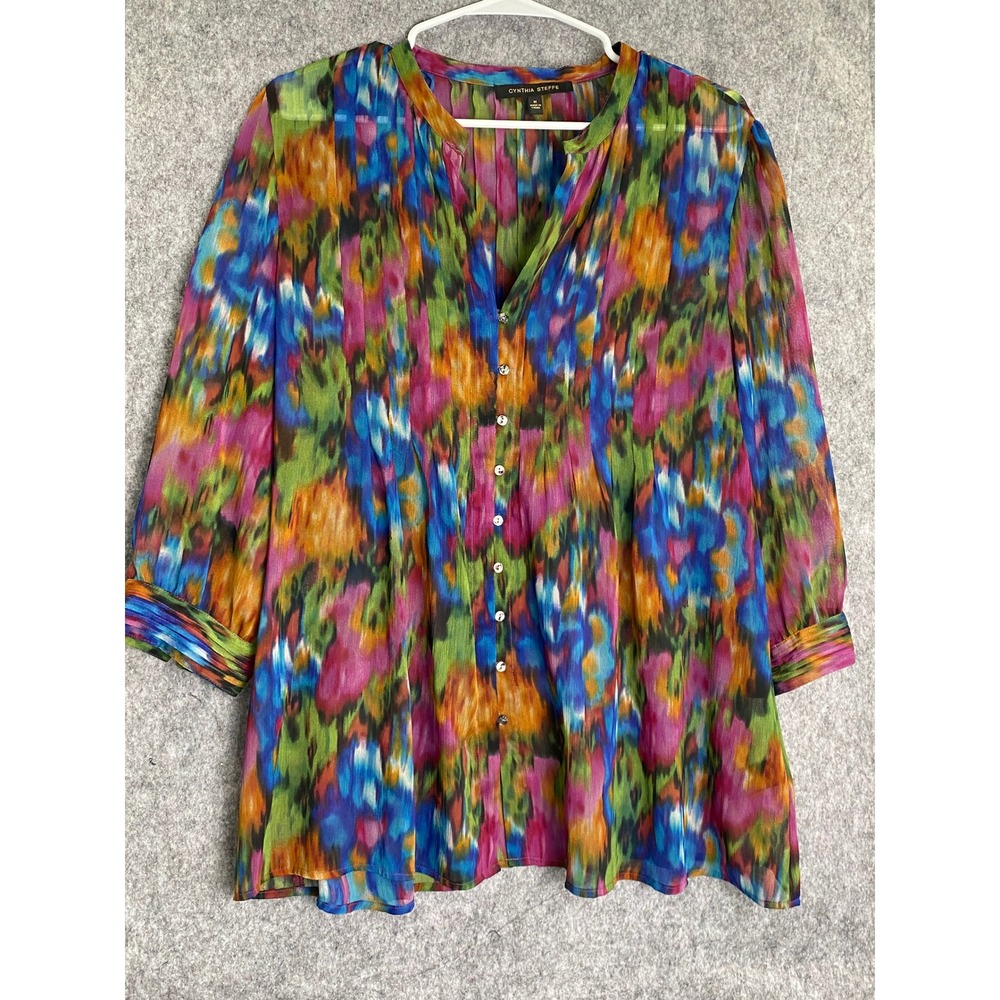 Cynthia Steffe Multicolor Abstract Print Blouse Sheer Tunic Top‎ Women's M